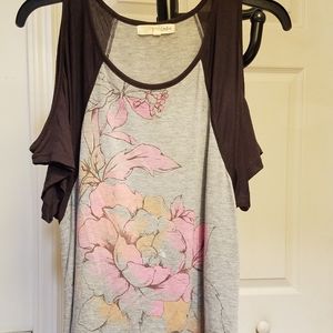 Flowy, Cold Shoulder Sleeved Gray Floral T-Shirt